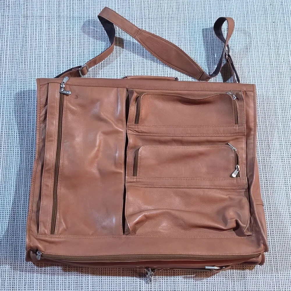 Piel Tan Leather Executive Expandable Garment Bag Travel Business Casual Unisex
